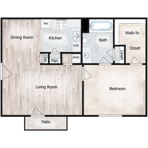 Floor plan for 1 bed, 1 bath, 616 sqft